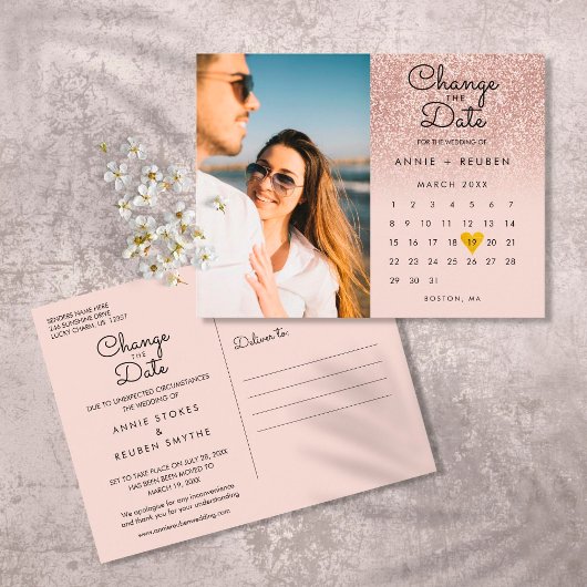 Ändern Sie das Date Calendar Rose Gold Glitzer Fot Postkarte
