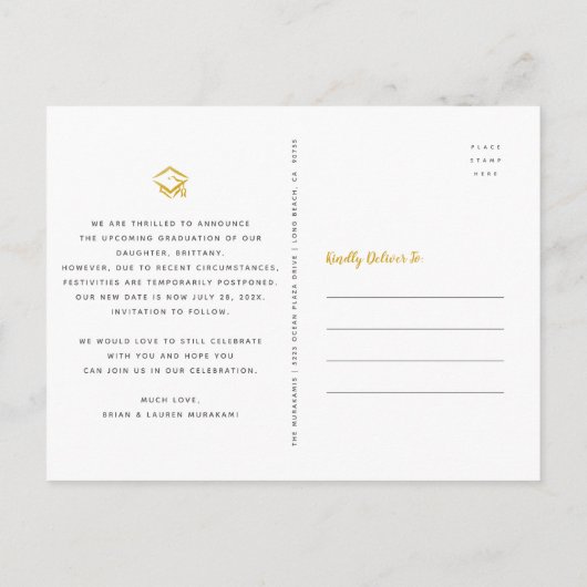 Ändern Sie das Datum, an dem schwarze Gold Abschlu Einladungspostkarte (Rückseite)