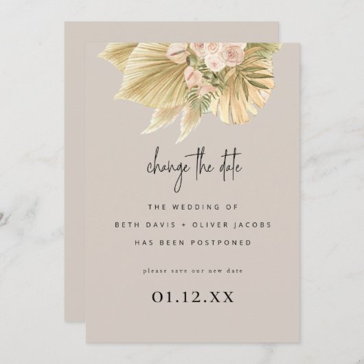 Ändern Sie das Datum Boho Pampas Palm Floral. Save The Date (Vorne/Hinten)