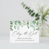 Ändern Sie das Datum der Eukalyptus-Hochzeit Postkarte (Stehend Vorderseite)