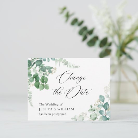 Ändern Sie das Datum der Eukalyptus-Hochzeit Postkarte (Stehend Vorderseite)