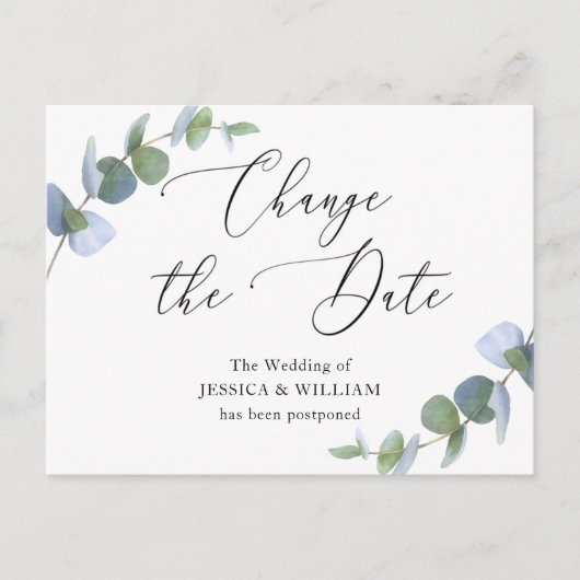 Ändern Sie das Datum der Eukalyptus-Hochzeit Postkarte (Vorderseite)