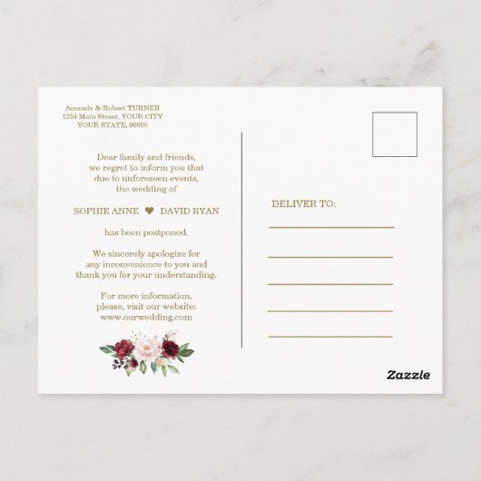 Ändern Sie das Datum der Hochzeit von Burgund-Blum Postkarte (Rückseite)