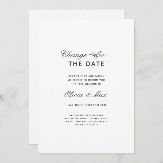 Ändern Sie das Datum der verspäteten Hochzeit Einladung (Vorne/Hinten)