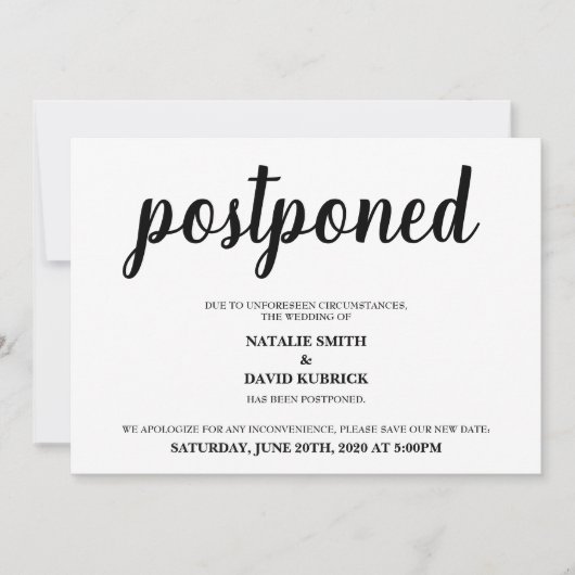 Ändern Sie das Datum der vertagten Hochzeitsankünd Einladung (Vorderseite)