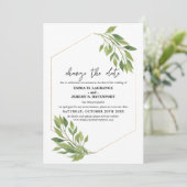 Ändern Sie das Datum Hochzeit Grüne und Gold Rahme Save The Date (Stehend Vorderseite)