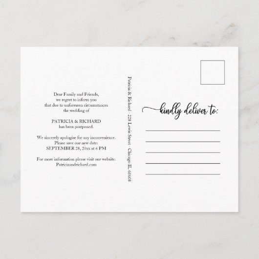 Ändern Sie das Datum Hochzeit verschoben Chic Scri Postkarte (Rückseite)