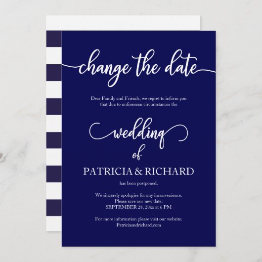Ändern Sie das Datum Hochzeit verschoben Navy Blue Einladung (Vorne/Hinten)