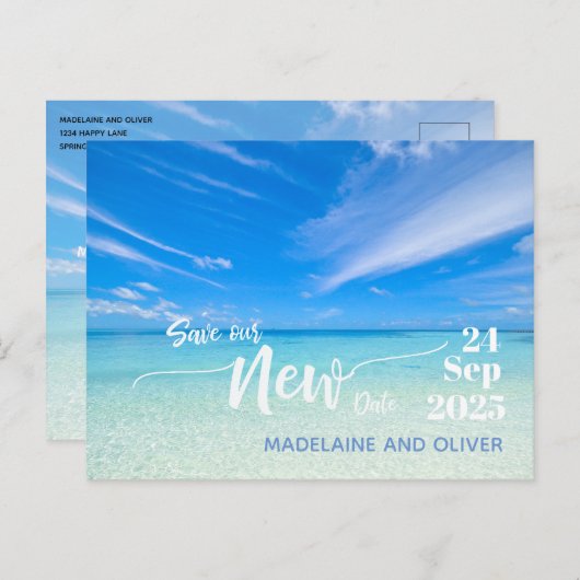 Ändern Sie das Datum Hochzeitsstrand Blue Summer Ankündigungspostkarte (Vorne/Hinten)