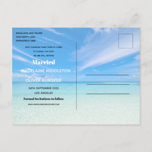 Ändern Sie das Datum Hochzeitsstrand Blue Summer Ankündigungspostkarte (Rückseite)