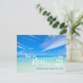 Ändern Sie das Datum Hochzeitsstrand Blue Summer Ankündigungspostkarte (Stehend Vorderseite)