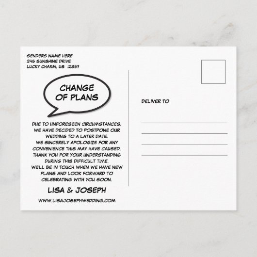 Ändern Sie das Datum Neuer Plan Modernes Fun Comic Ankündigungspostkarte (Rückseite)