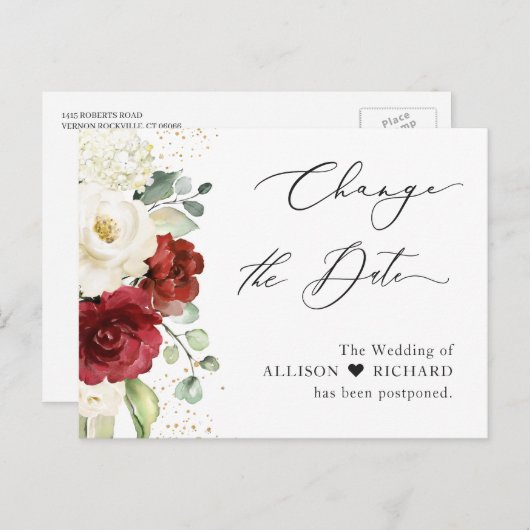 Ändern Sie das Datum Script Red White Floral Eukal Postkarte (Vorne/Hinten)