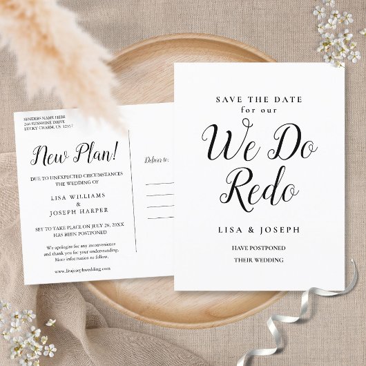 Ändern Sie das Datum verschoben Wir tun Wiederhers Ankündigungspostkarte