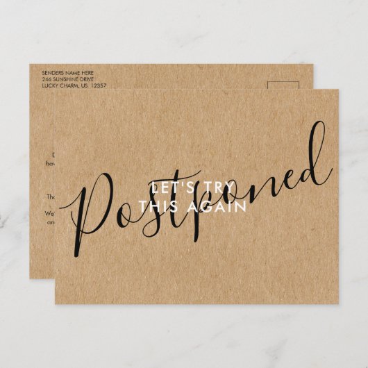 Ändern Sie das Datum Zurückgestellt Stornierungser Ankündigungspostkarte (Vorne/Hinten)