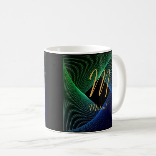Ändern Sie den Anfangsnamen Grün blauer Swirl L M  Kaffeetasse (VorderseiteRechts)