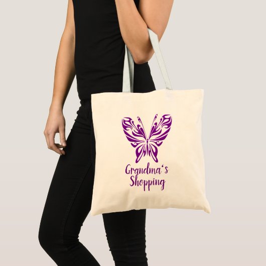 Ändern Sie Text Oma's Shopping Lila Butterfly Tragetasche (Vorderseite (Produkt))