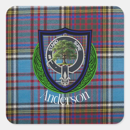Anderson Scottish Clan Tartan und Wappen Quadratischer Aufkleber (Vorderseite)