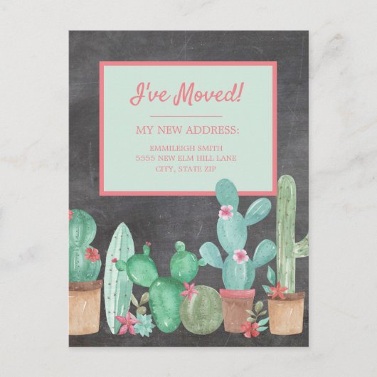Änderung der Adresse Chalkboard Cactus Floral Postkarte (Vorderseite)