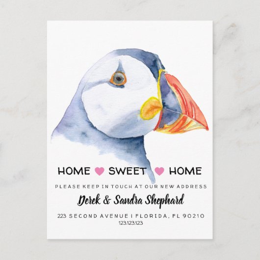 Änderung der Adresse haben wir Puffin verschoben Ankündigungspostkarte (Vorderseite)