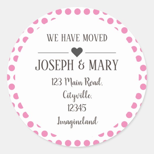 Änderung der Adresse rosa Polka Punkte Runder Aufkleber (Vorderseite)