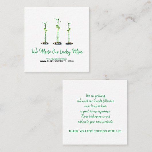 Änderung der Business-Website-Adresse Curly Bamboo Quadratische Visitenkarte (Vorne/Hinten)