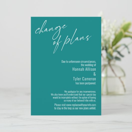 Änderung der Pläne Aquamarin verzögert Hochzeitkar Einladung (Stehend Vorderseite)