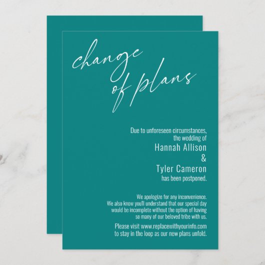 Änderung der Pläne Aquamarin verzögert Hochzeitkar Einladung (Vorne/Hinten)