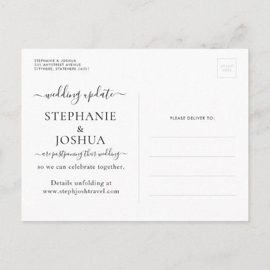 Änderung der Pläne Aufgehobene Hochzeit in Urlaubs Ankündigungspostkarte (Rückseite)