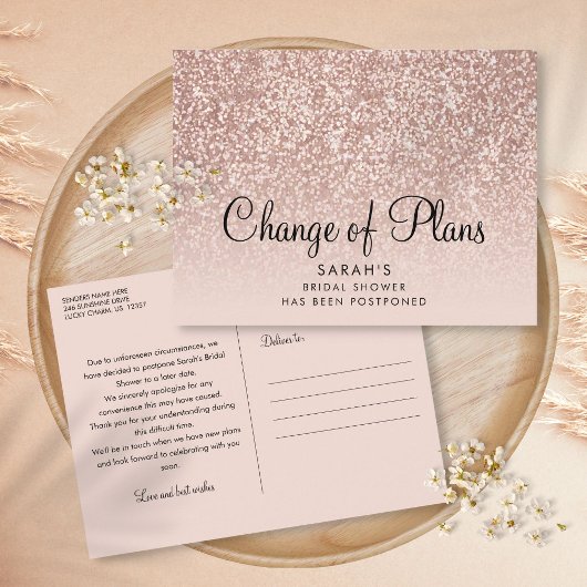 Änderung der Pläne Brautparty Rose Gold Glitzer Postkarte
