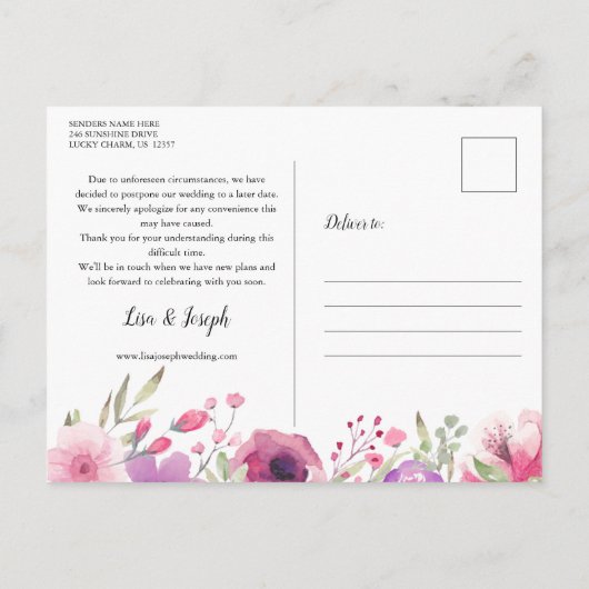 Änderung der Pläne Datum aufgeschoben Ankündigungspostkarte (Rückseite)