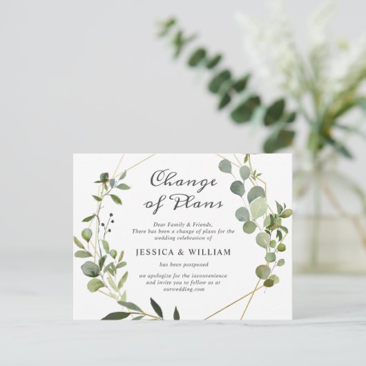 Änderung der Pläne Elegante Eukalyptus Hochzeit Postkarte (Stehend Vorderseite)