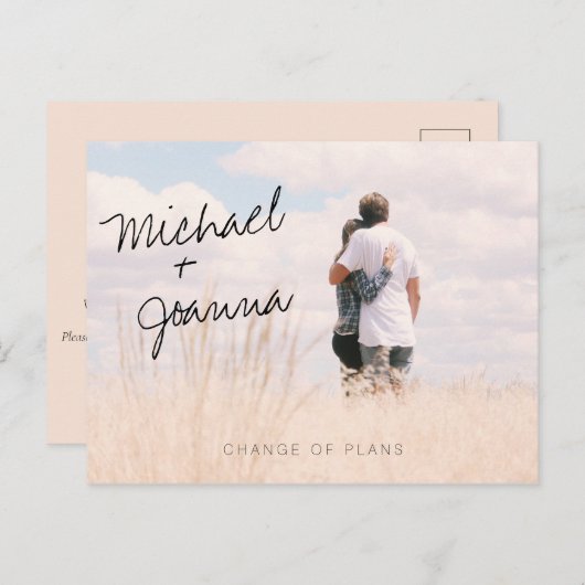 Änderung der Pläne Foto Hochzeitsdatum Ankündigung Postkarte (Vorne/Hinten)