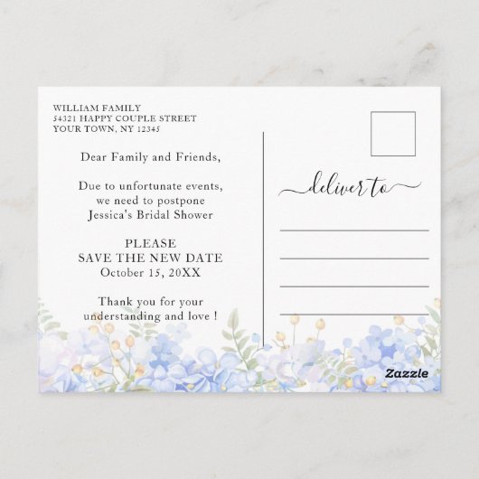 Änderung der Pläne für Blaue Hydrangeas im Brautpa Postkarte (Rückseite)