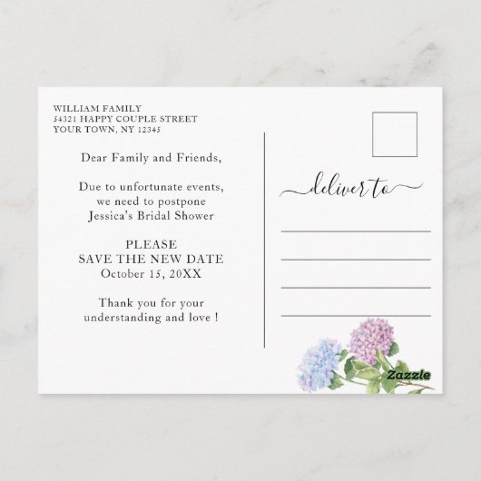 Änderung der Pläne für Blaue Hydrangeas im Brautpa Postkarte (Rückseite)