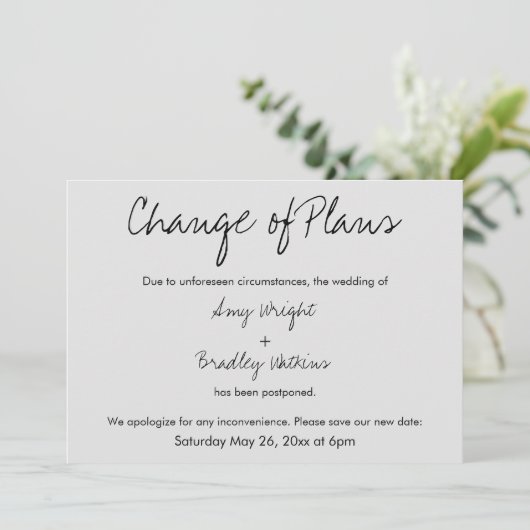 "Änderung der Pläne" Hinausgezögerte Hochzeitgrauk Einladung (Stehend Vorderseite)