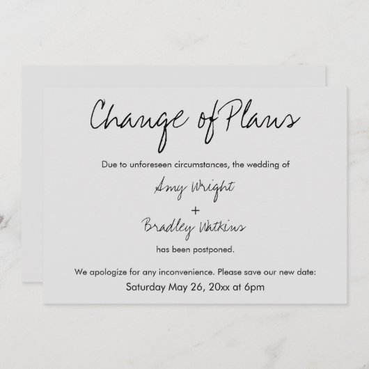 "Änderung der Pläne" Hinausgezögerte Hochzeitgrauk Einladung (Vorne/Hinten)