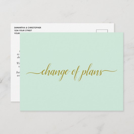 Änderung der Pläne Hochzeit verschoben Gold Mint G Ankündigungspostkarte (Vorne/Hinten)