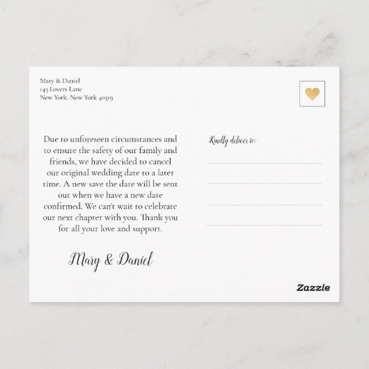 Änderung der Pläne Hochzeitspause Eleganter Chic Postkarte (Rückseite)