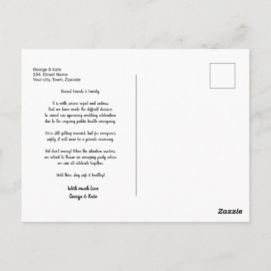 Änderung der Pläne Hochzeitstornierung Aufschub Postkarte (Rückseite)