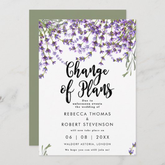 Änderung der Pläne Lavendelhochzeit Einladung (Vorne/Hinten)
