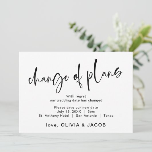 Änderung der Pläne | Modernes Schwarz und Weiß Save The Date (Stehend Vorderseite)