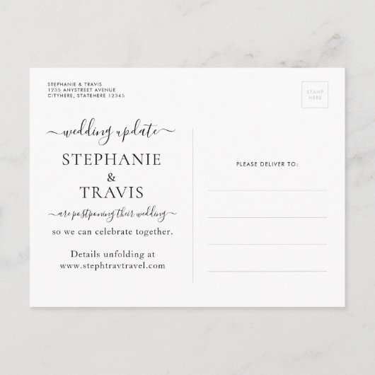 Änderung der Pläne Neuer Termin-Hochzeit in Urlaub Ankündigungspostkarte (Rückseite)