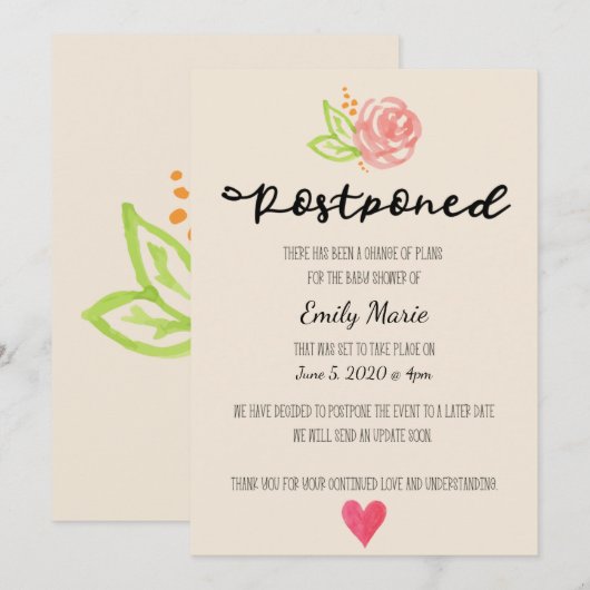 Änderung der Rose der Wasserfarbe der Pläne Kinder Einladung (Vorne/Hinten)