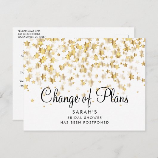 Änderung des Datums Brautparty Script Gold Stars Ankündigungspostkarte (Vorne/Hinten)