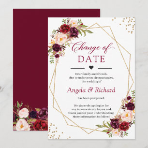 Änderung des Datums Burgundy Red Floral Gold Geome Einladung