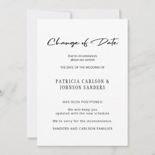 Änderung des Datums der Hochzeitsankündigung Einladung (Vorderseite)