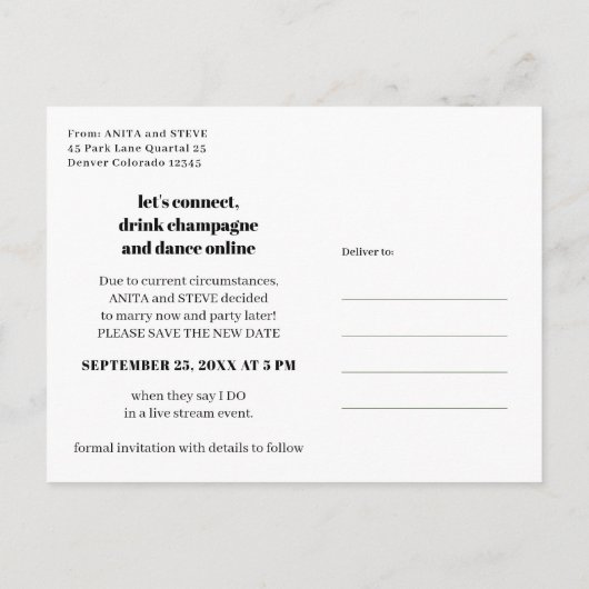 Änderung des Datums der Planung virtuelles Hochzei Ankündigungspostkarte (Rückseite)