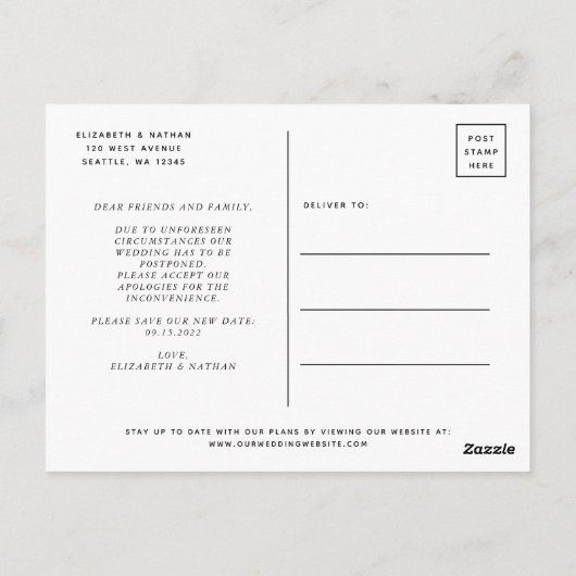 Änderung des Datums Hochzeitaufschub Postkarte (Rückseite)