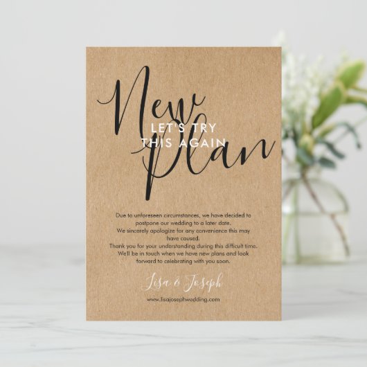 Änderung des Datums Neuer Plan annulliert rustikal Einladung (Stehend Vorderseite)